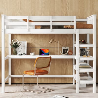 Lit mezzanine en pin blanc avec bureau et rangements 90 x 200 cm
