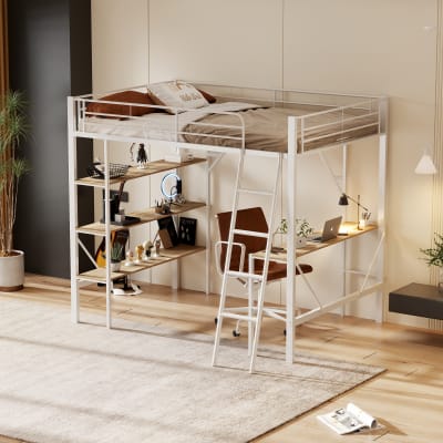 Lit mezzanine en métal blanc avec bureau et rangements 90 x 200 cm