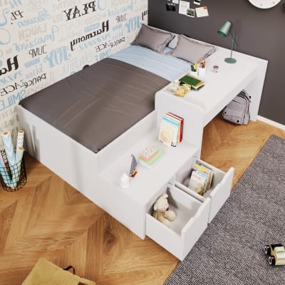 Lit enfant en bois blanc avec bureau et rangements 90 x 200 cm