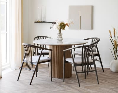 Table à manger ronde 4 personnes plateau effet marbre bois / blanc