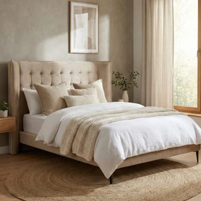 Tête de lit rembourrée capitonnée haute beige, lit 160 cm, 220x140 cm