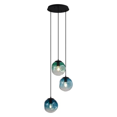 Suspension art déco noire verre bleu vert 3 lampes