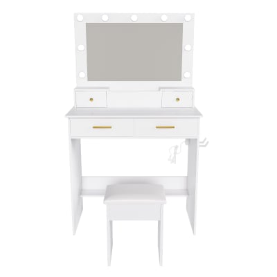 Coiffeuse blanche avec miroir hollywoodien à ampoules LED et tabouret