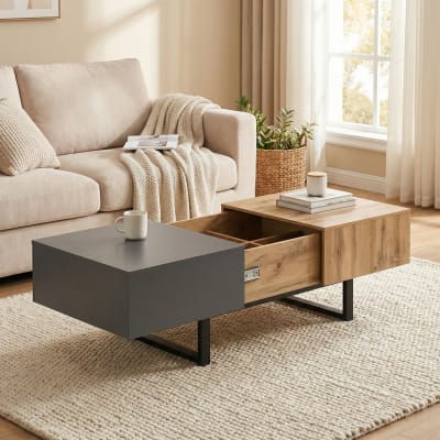 Table basse extensible avec rangement intégré en bois et métal