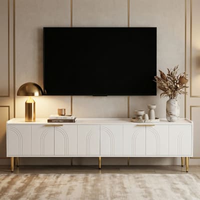 Meuble TV blanc design à portes arquées et pieds dorés 170cm