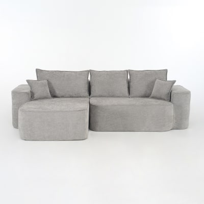 Canapé d’angle modulable en tissu gris avec méridienne, coussins