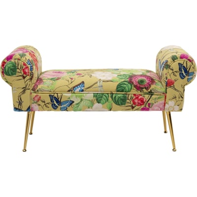 Banc 1 place imprimés fleurs et papillons en velours jaune