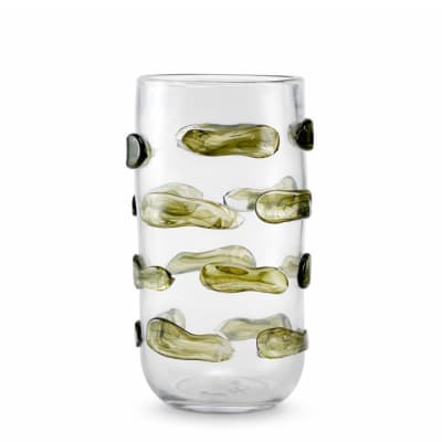 Vase décoratif en verre soufflé vert et transparent h29
