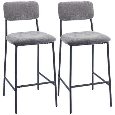 Lot 2 tabourets de bar assise large dossier haut tissu chenille gris