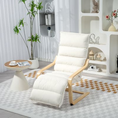 Fauteuil salon repose-pieds réglable structure en bois crème