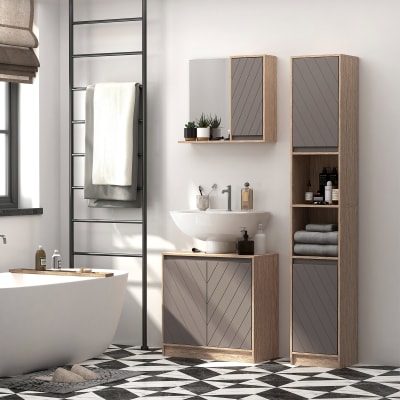 Meuble sous lavabo armoire avec miroir bois chêne clair gris
