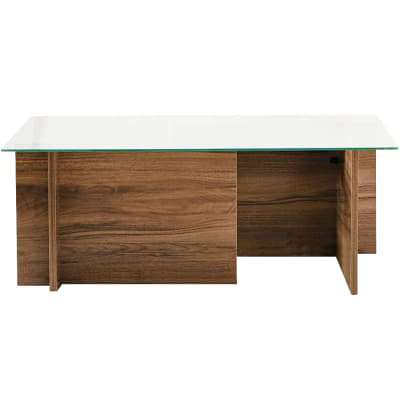 Table basse rectangulaire effet noyer et verre 105 cm