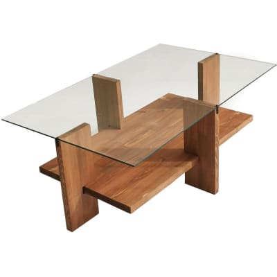 Table basse rectangulaire en bois massif et verre trempé 105 cm