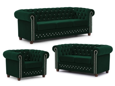 Ensemble de canapé Chesterfield 3+2+1 en velours bouteille verte