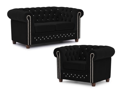 Ensemble de canapé Chesterfield 2+1 en velours noir