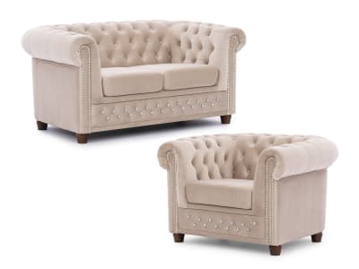 Ensemble de canapé Chesterfield 2+1 en velours beige