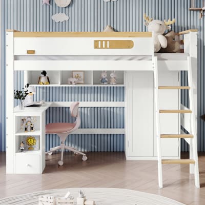 Lit superposé en pin blanc avec bureau et rangements 90 x 200 cm