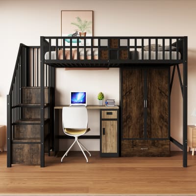 Lit mezzanine en métal noir avec échelle de sécurité 90 x 200 cm