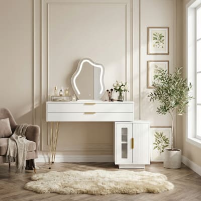 Coiffeuse blanche avec miroir LED ondulé et meuble latéral modulable