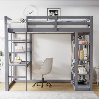 Lit mezzanine en bois gris avec bureau et rangements 140 x 200 cm