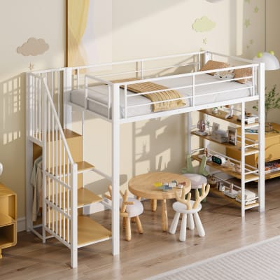 Lit mezzanine en métal blanc avec échelle sécurisée 90 x 200 cm