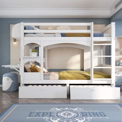 Lit superposé en bois blanc avec bureau et rangements 90 x 200 cm