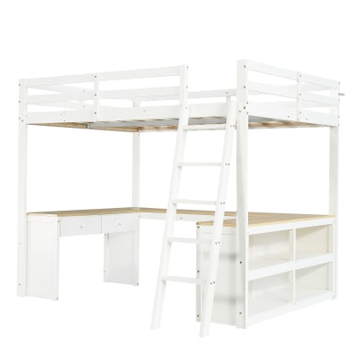 Lit mezzanine 140 x 200 cm en pin blanc avec table et rangement