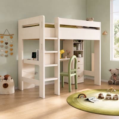 Lit mezzanine 90x200 cm en bois blanc avec bureau et rangement