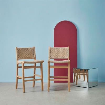 2 tabourets de bar bois d'hévéa naturel cordes beiges
