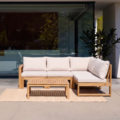 Salon de jardin modulable bois d'acacia et tissu beige 4 places
