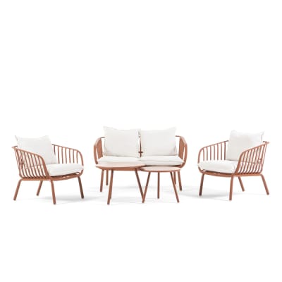 Salon 4 places en résine et métal terracotta avec coussins crème