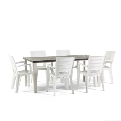 Ensemble table 180x90 cm et 6 chaises en résine blanc/gris