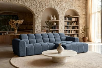Canapé d'angle tissu bouclette 4 places bleu droit