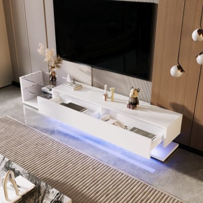 Meuble tv laqué blanc avec éclairage led, tiroirs et étagères en verre