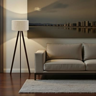 Lampadaire trépied noir abat-jour beige chiné