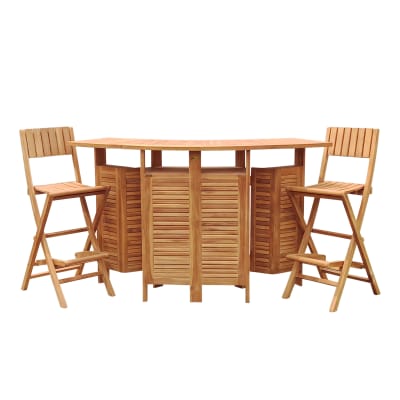 Set bar de jardin en bois de teak avec deux tabourets de bar