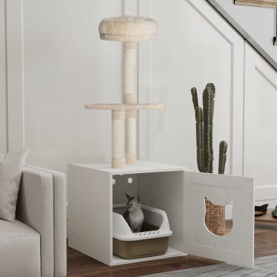 Arbre à chat avec maison de toilettes peluche, mdf crème
