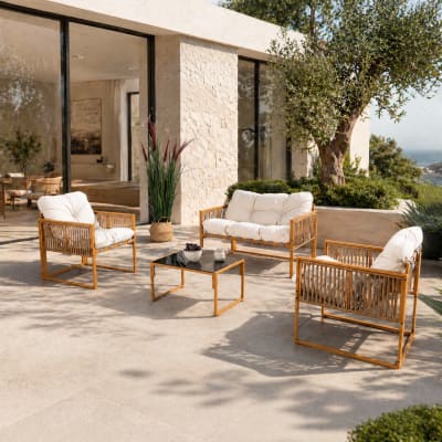 Salon de jardin 4 places effet rotin coussins blancs