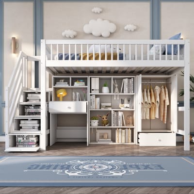 Lit enfant en bois massif blanc avec bureau 90 x 200 cm
