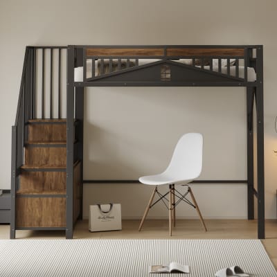 Lit mezzanine en métal noir avec escalier et rangements 90 x 200 cm