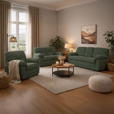 Canapé 3 places + 2 places + fauteuil en velours côtelé vert foncé