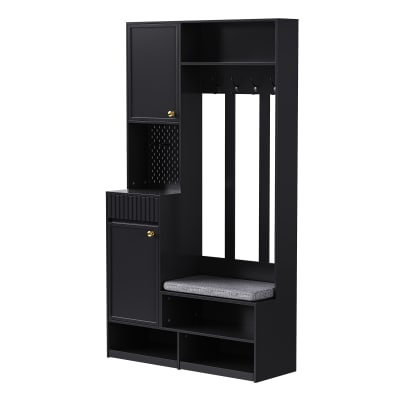 Meuble d’entrée noir avec banc, rangements et crochets – 180 cm