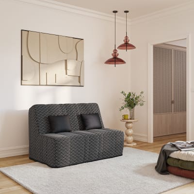 Banquette bz avec 2 coussins offerts tissu noir à motifs 140x190
