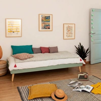 Lit enfant avec pieds bois massif vert 90x190 cm