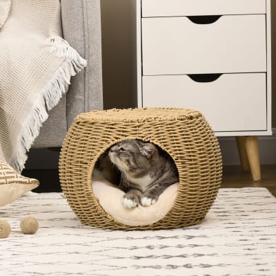 Niche pour chat résine tressée imitation rotin marron