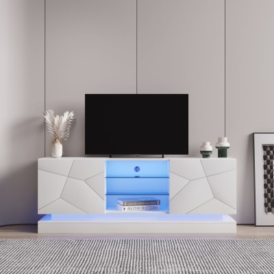 Meuble tv 160 cm led et étagère verre, blanc