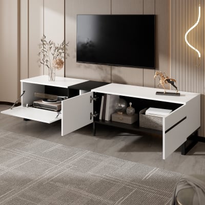 Meuble tv couvercle rabattable, portes et étagères, 180 cm, blanc