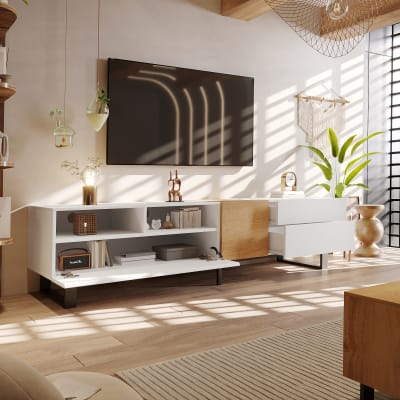 Meuble tv avec rangements et tiroirs, pieds en métal, 180 cm, blanc