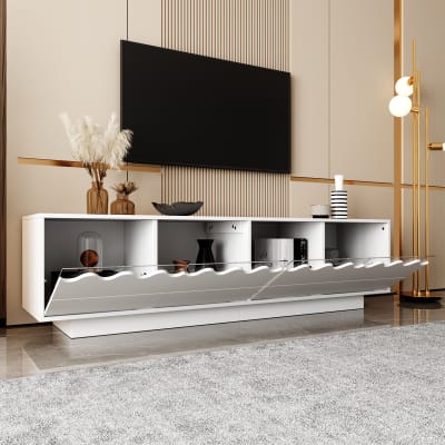 Meuble tv blanc 170 cm, 4 portes étagères verre