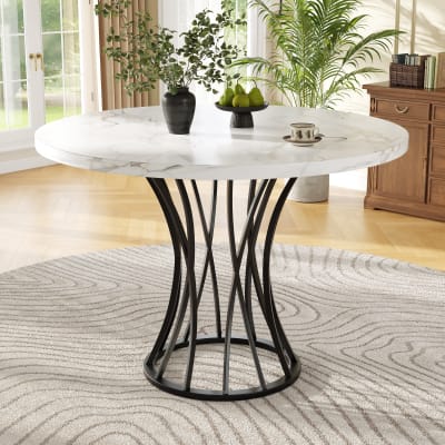 Table à manger ronde 4-6 places plateau effet marbre 80x80 cm, noire